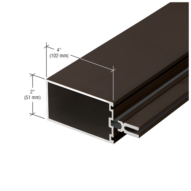 A cross-section view of a black bronze anodized aluminum tubular mullion showing 4-inch by 2-inch dimensions.