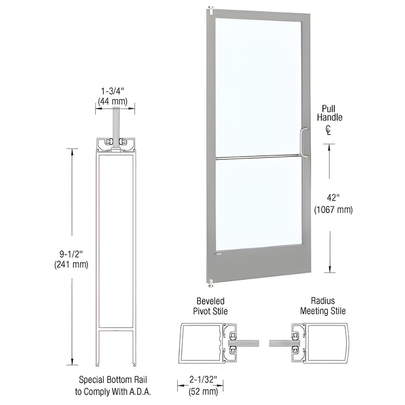 Technical diagram showing the profile and assembly of a 250 Series narrow stile aluminum door leaf with a 9-1/2 inch bottom rail.