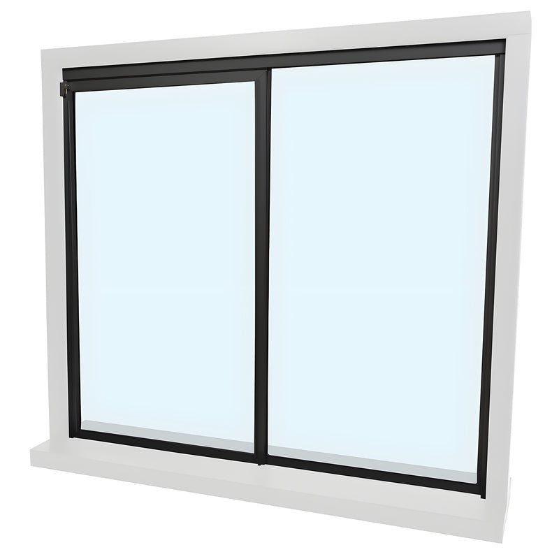 A closed CRL Florence pass-thru window assembly with Duranodic Bronze finish and clear tempered glass.