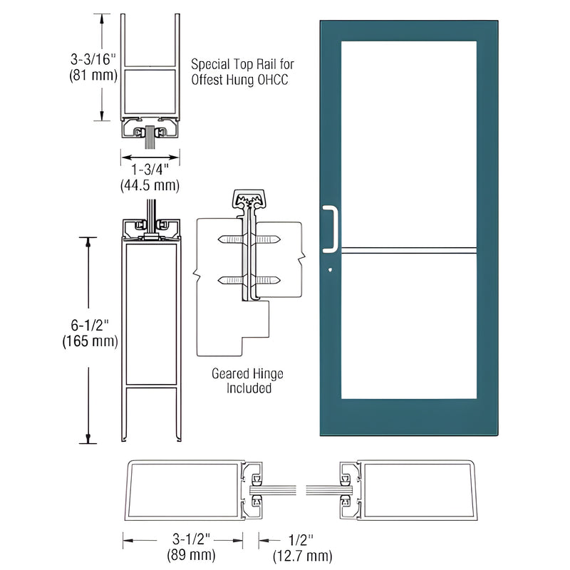 Technical diagram showing the cross-section of a Series 400 medium stile door with a geared hinge and overhead concealed door closer configuration.
