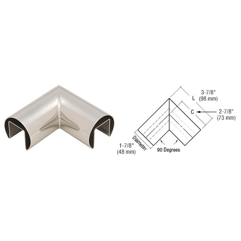 A 90-degree horizontal roll formed cap rail corner in polished 316 stainless steel shown next to a technical dimension diagram.