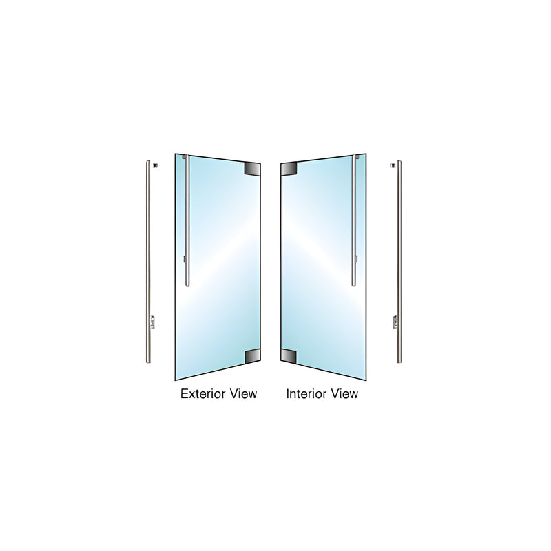 A diagram showing the exterior and interior views of a right-hand swing glass mount dummy handle installed on a glass door.