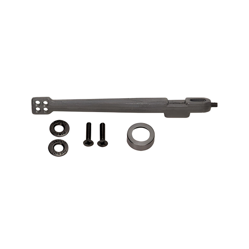 A dark bronze Rixson 28 series center-hung floor closer arm shown with two screws, two washers, and a collar.