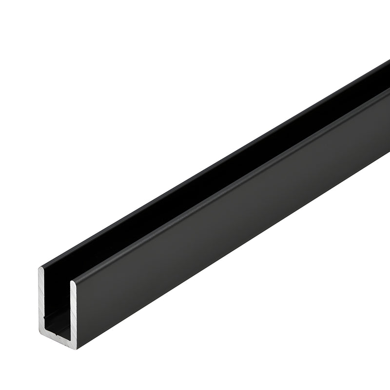 A length of matte black aluminum U-channel shown in a perspective view.