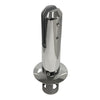 A polished stainless steel round core mount friction fit spigot for glass railing systems.