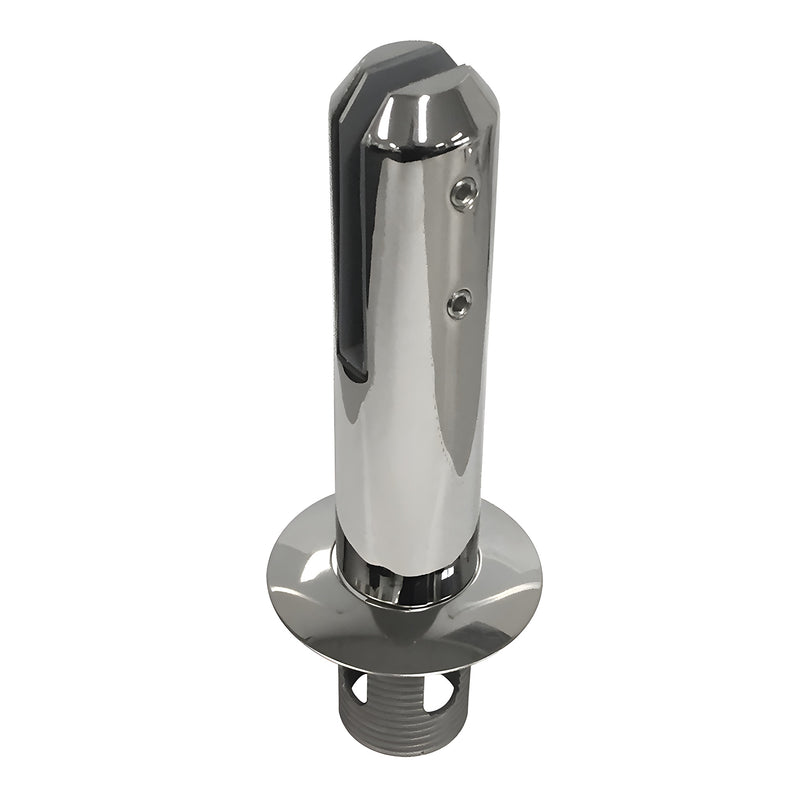 A polished stainless steel round core mount friction fit spigot for glass railing systems.