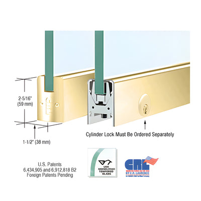 Polished Brass Low Profile Square DRS Door Patch Rail With Lock for 3/8" Glass - 8" Length