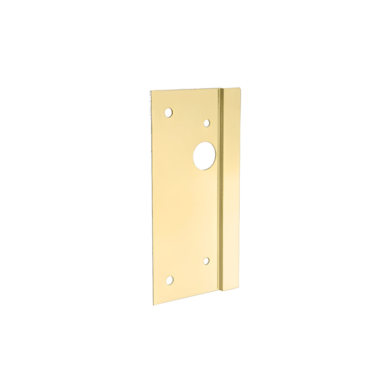 A satin brass left-hand center lock latch guard measuring 4 inches by 10 inches with pre-drilled mounting holes.