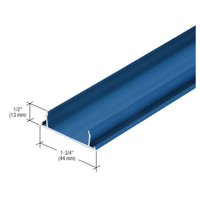 A blue-painted aluminum narrow stile flat pocket insert shown with 1/2-inch height and 1-3/4-inch width dimension labels.