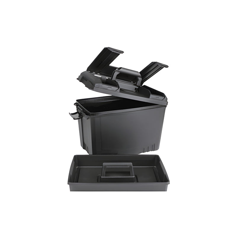 A black CRL Large Tote Box with an open lid and a removable interior tray sitting in front.