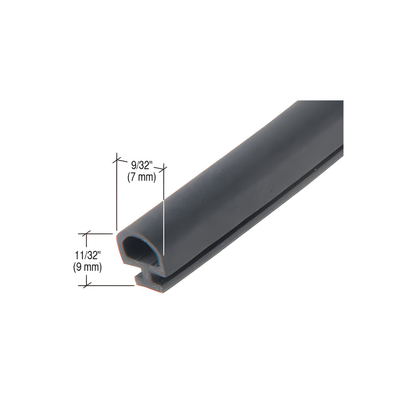 A close-up view of a black EPDM pull-in door glaze gasket showing its profile dimensions of 9/32 inch by 11/32 inch.