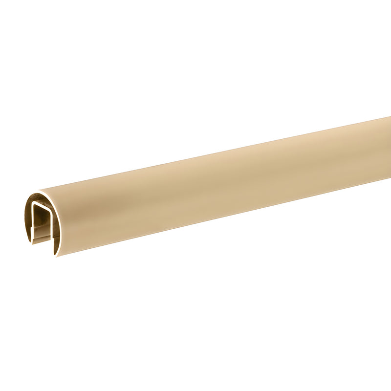 A close-up view of the round satin brass cap rail showing its U-shaped profile for glass mounting.