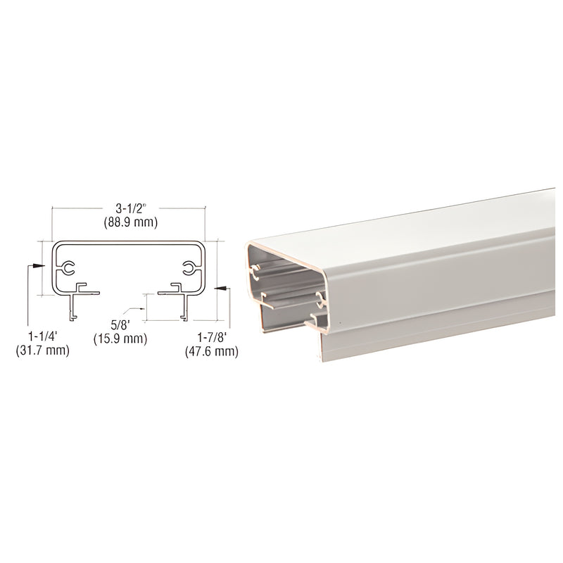 A technical cross-section diagram and a perspective view of the Sky White aluminum 200 Series top rail.