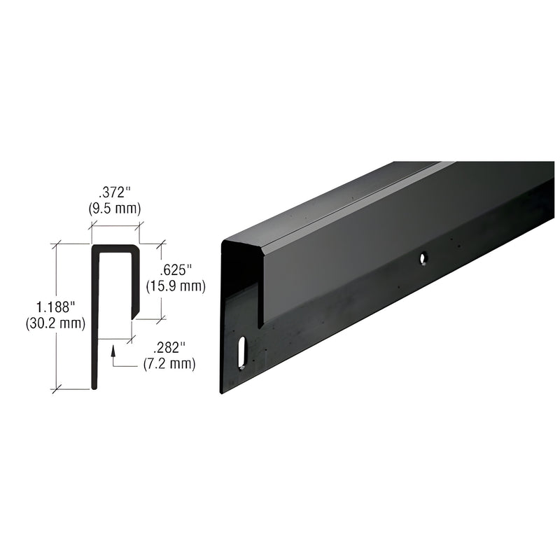 A matte black aluminum J-channel profile shown alongside a technical diagram detailing its 1-3/16 inch height and 0.282 inch inside dimension.