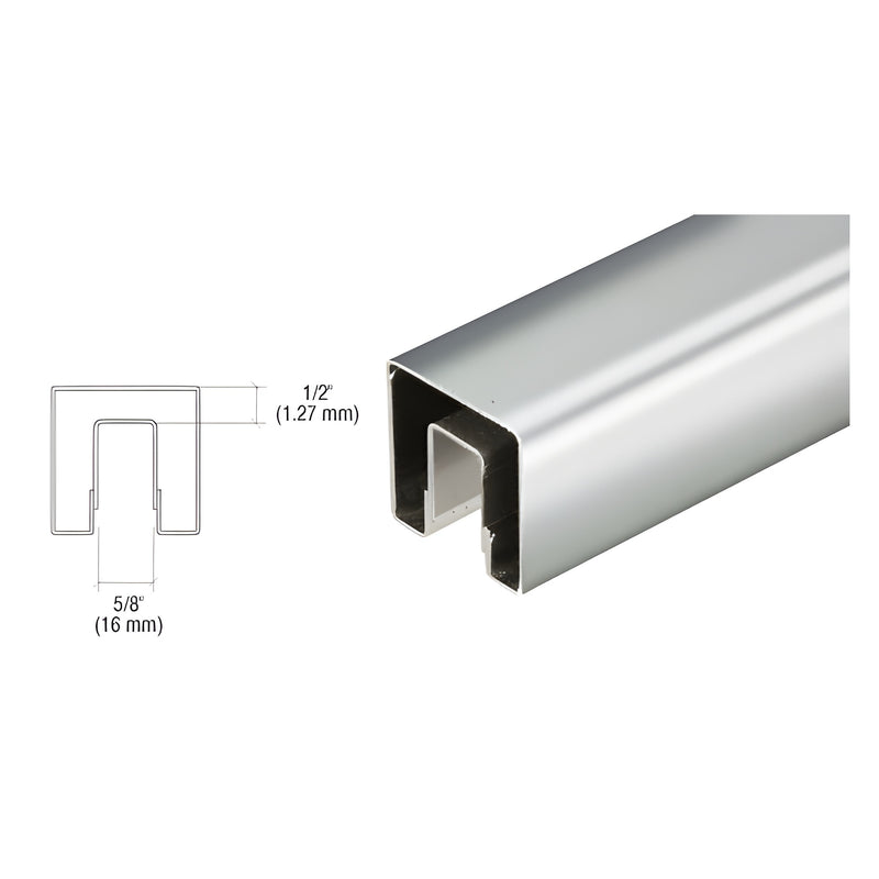 A polished stainless steel square cap rail profile shown with a technical cross-section diagram.