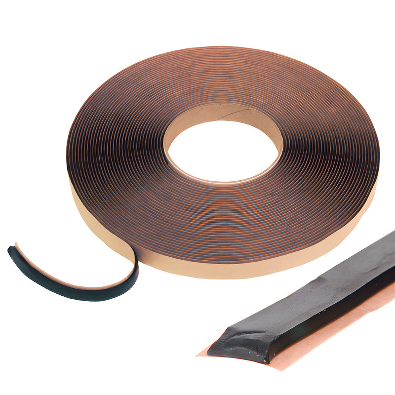 A roll of black butyl architectural glazing tape shown with a detached strip of the adhesive material.
