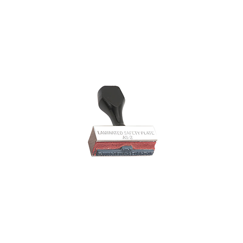 A handheld rubber stamp with a black handle used for marking Laminated Safety Plate AS-2 glass.