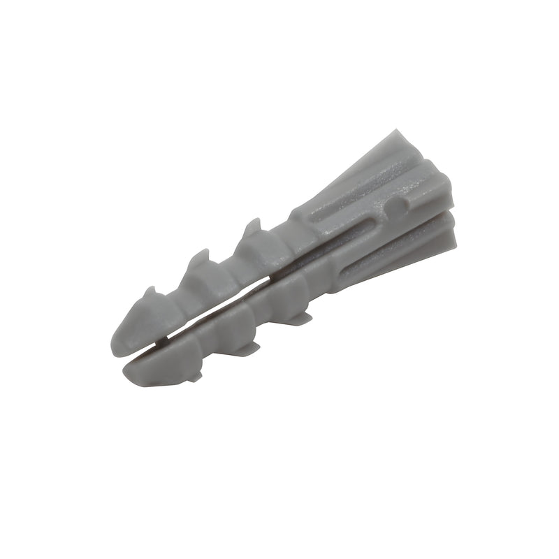 A single gray plastic screw anchor without a shoulder shown from a side angle.
