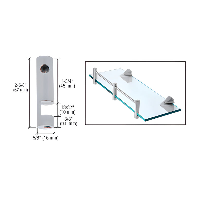 A technical diagram showing the dimensions of a brushed nickel left-hand brass rod support alongside an example of it installed on a glass shelf.