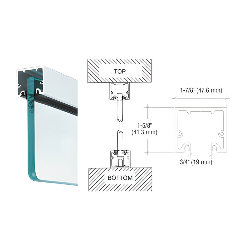 A technical diagram showing the profile and installation of a satin anodized wide U-channel with a glass panel and roll-in glazing gasket.