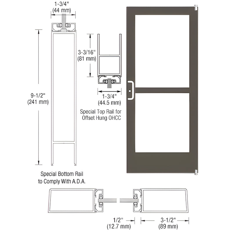 Technical diagram showing the profile dimensions and assembly of a black bronze anodized medium stile offset pivot entrance door.
