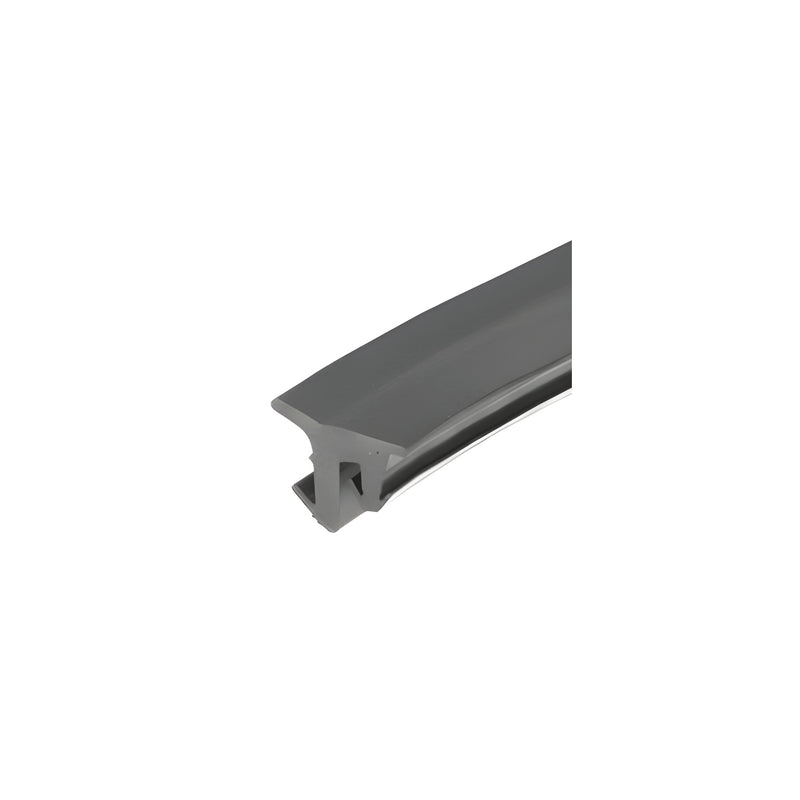 A close-up view of a gray vinyl glazing gasket strip with a T-shaped profile for securing glass panels.