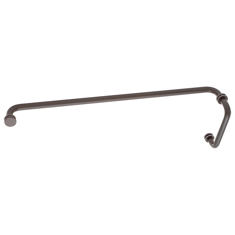 An oil rubbed bronze BM Series combination pull handle and towel bar with circular mounting washers.