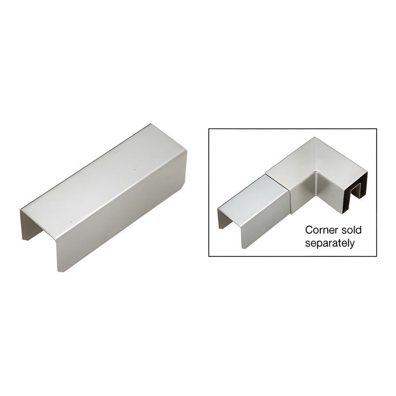 A stainless steel square connector sleeve shown alone and attached to a square cap railing corner piece.