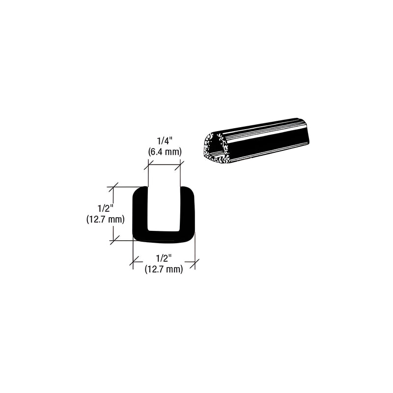 A technical diagram showing the cross-section and profile of a black rubber glazing channel for 1/4 inch glass panels.