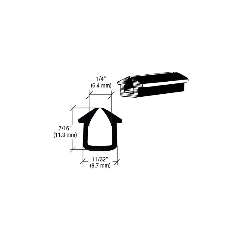 A technical diagram showing the profile dimensions of the black rubber glazing channel for 1/4 inch material.