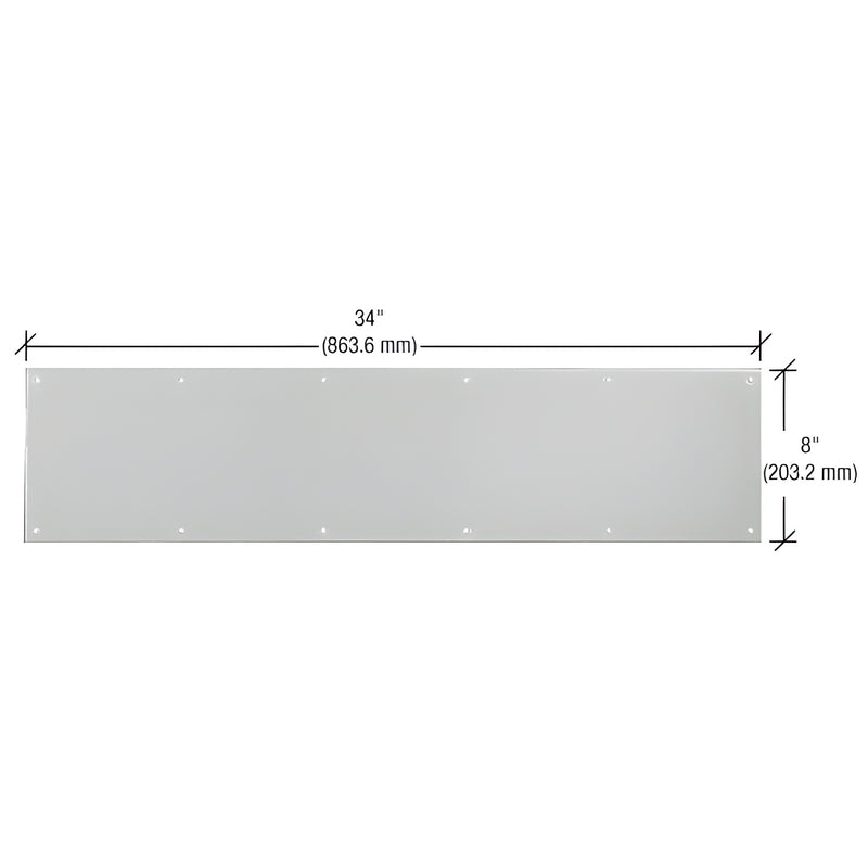 A rectangular satin aluminum kick plate measuring 8 inches by 34 inches with pre-drilled holes for mounting.