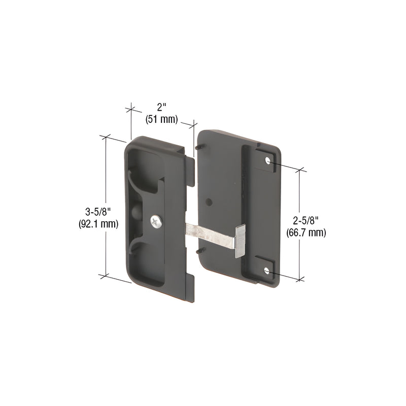 A black non-handed sliding screen door latch and pull with a steel latch and 2-5/8 inch screw hole spacing shown in a technical diagram.