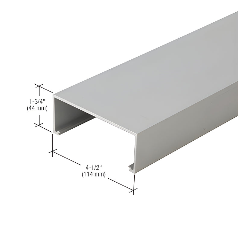 A section of a clear anodized aluminum center hung door header showing its 1-3/4 inch by 4-1/2 inch profile dimensions.