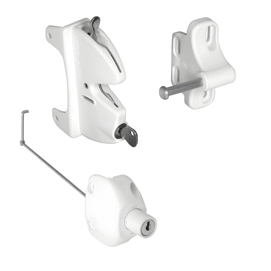 White CRL Lokk-Latch LLA2W gate latch set - polymer push-button lock with key cylinder, strike and reversible adapter