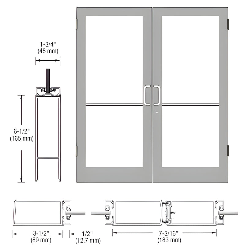 Technical diagram showing the profile and elevation of a pair of Series 400 medium stile aluminum showroom doors with clear anodized finish.