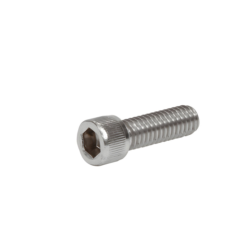 An angled view of a stainless steel socket head cap screw showing the hexagonal drive.