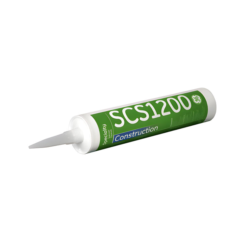 A single 10.1 oz. cartridge of clear GE 1200 construction silicone sealant with a white applicator nozzle.