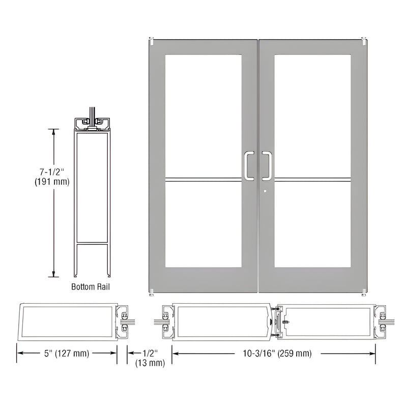 Technical diagram showing the elevation and cross-section profiles of a pair of Series 550 wide stile offset pivot entrance doors in black bronze.