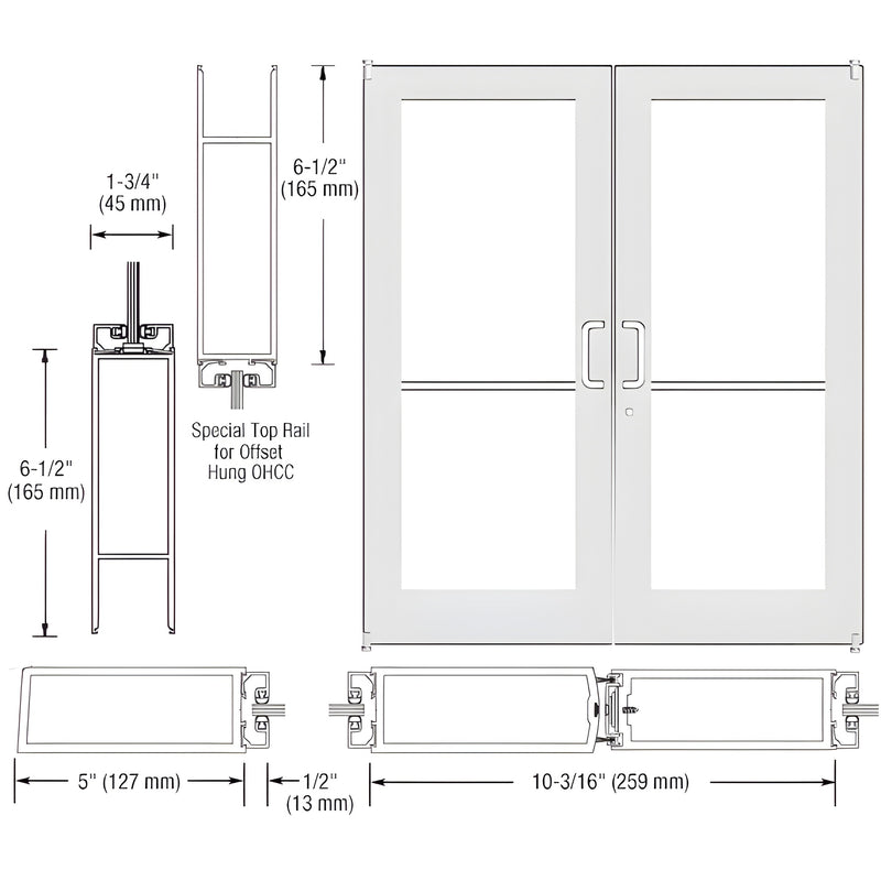 Technical diagram showing the profile dimensions and elevation of a Series 550 wide stile offset pivot entrance door pair.