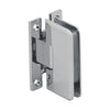 A polished chrome wall mount H-back plate hinge for glass shower doors shown from a front angle.