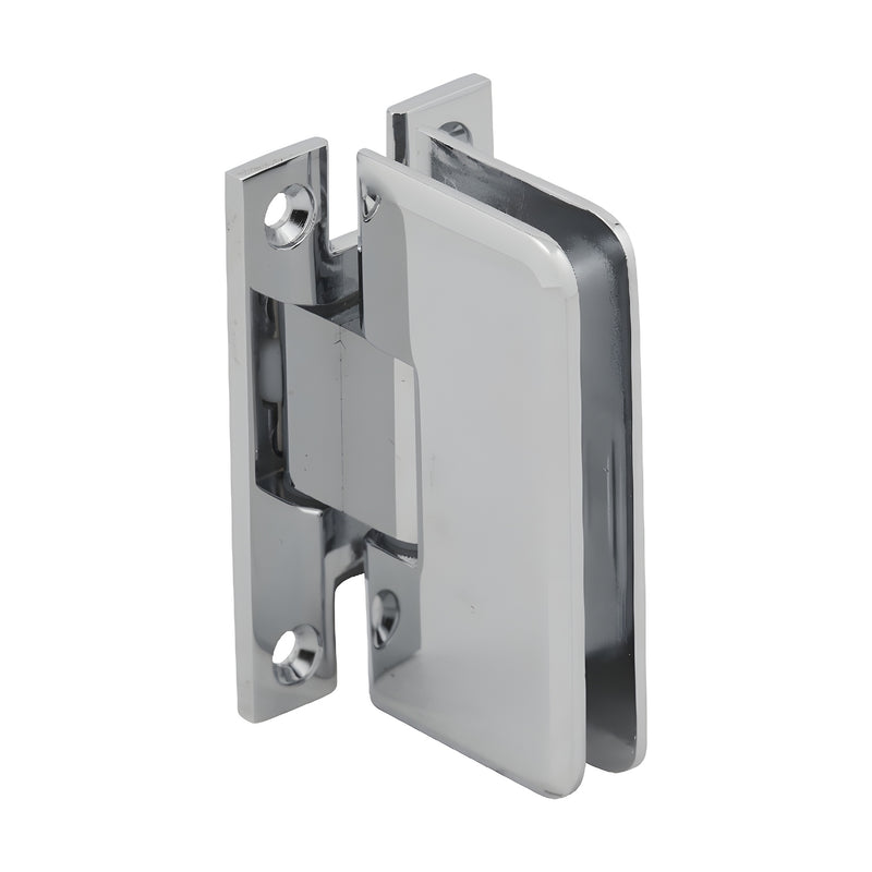 A polished chrome wall mount H-back plate hinge for glass shower doors shown from a front angle.