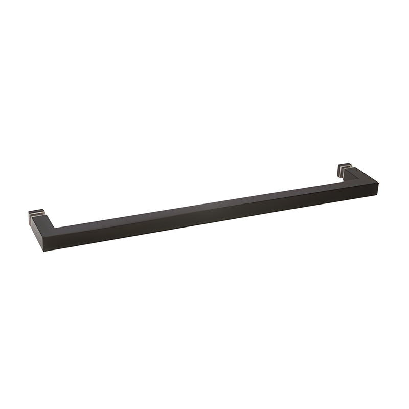A 24-inch matte black square tubing towel bar with mitered corners designed for single-sided glass mounting.