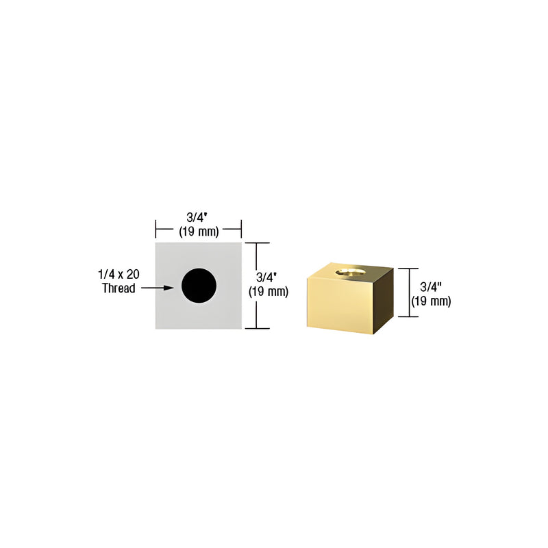 A technical diagram and a perspective view of a 3/4-inch square polished brass standoff base with a 1/4-20 threaded hole.