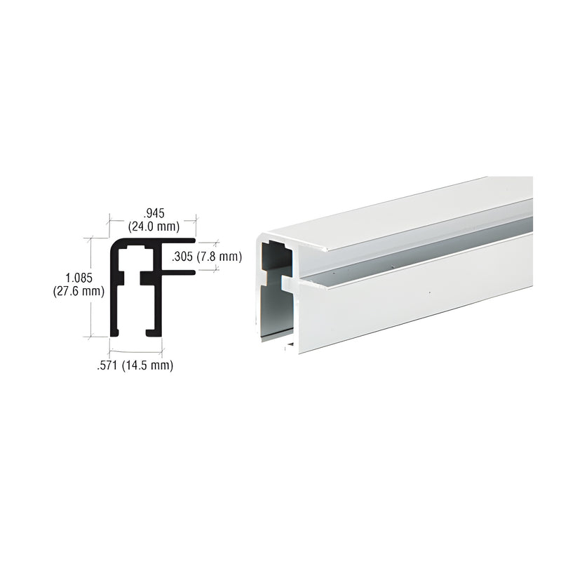 A technical cross-section diagram and a perspective view of the satin anodized aluminum showcase top rail extrusion.
