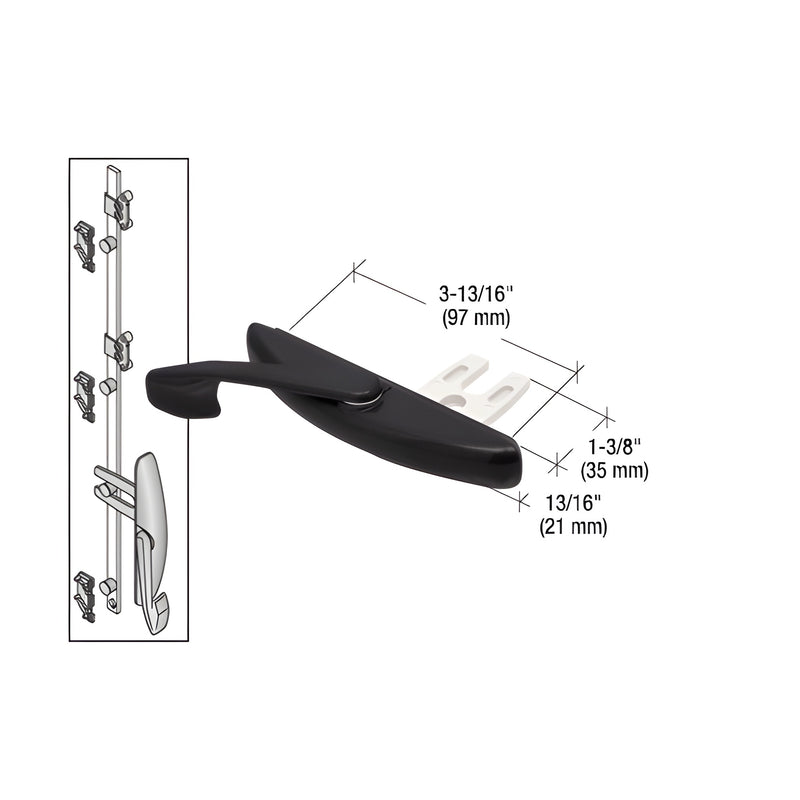 A black anodized multi-point latch actuator shown with dimensional technical drawings and a vertical locking rod assembly.