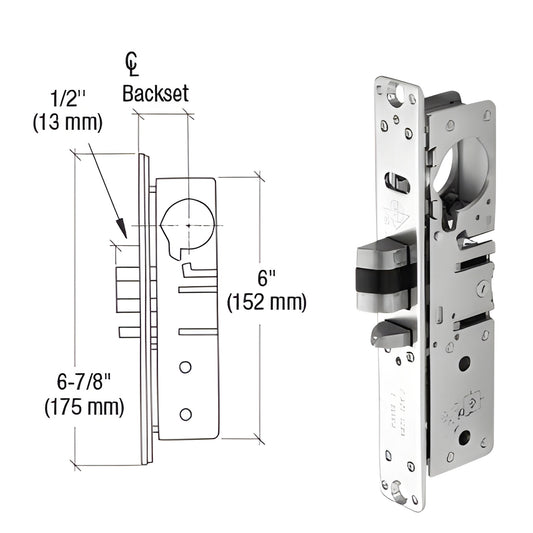Adams Rite AR45134R chrome deadlatch, 1/2" throw, AR MS-type cam, field-reversible, key-controlled dogging.