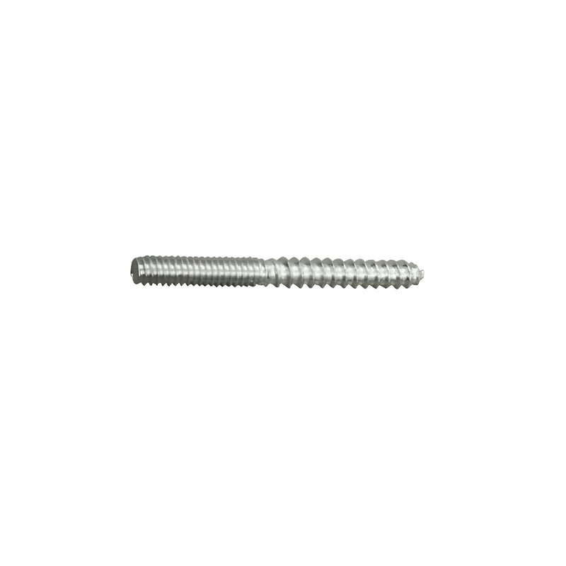 A close-up view of a CRL stainless steel hanger bolt featuring machine threads on one end and wood threads on the other.