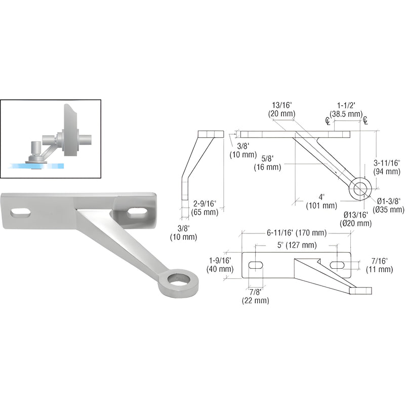 A brushed stainless steel single left arm wall mount spider fitting shown with detailed technical dimensional drawings.
