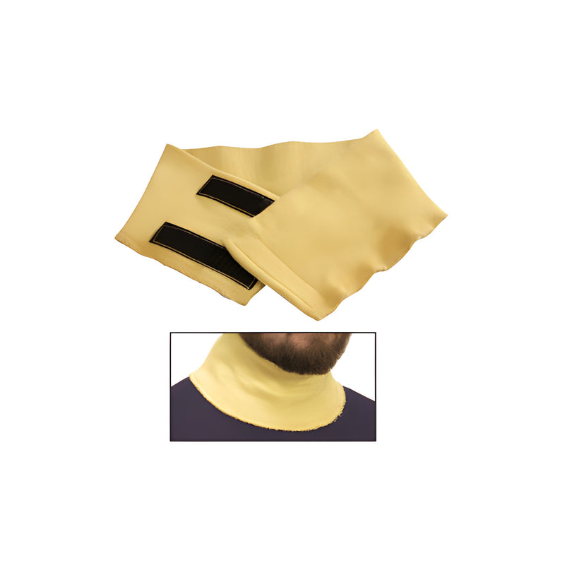 A tan cut-resistant neck protector with velcro closures shown flat and worn around a person's neck.