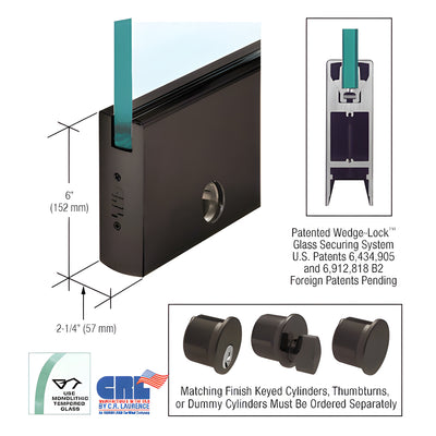 CRL Black Bronze 3/4" Glass 6" Square Door Rail With Lock - Custom Length